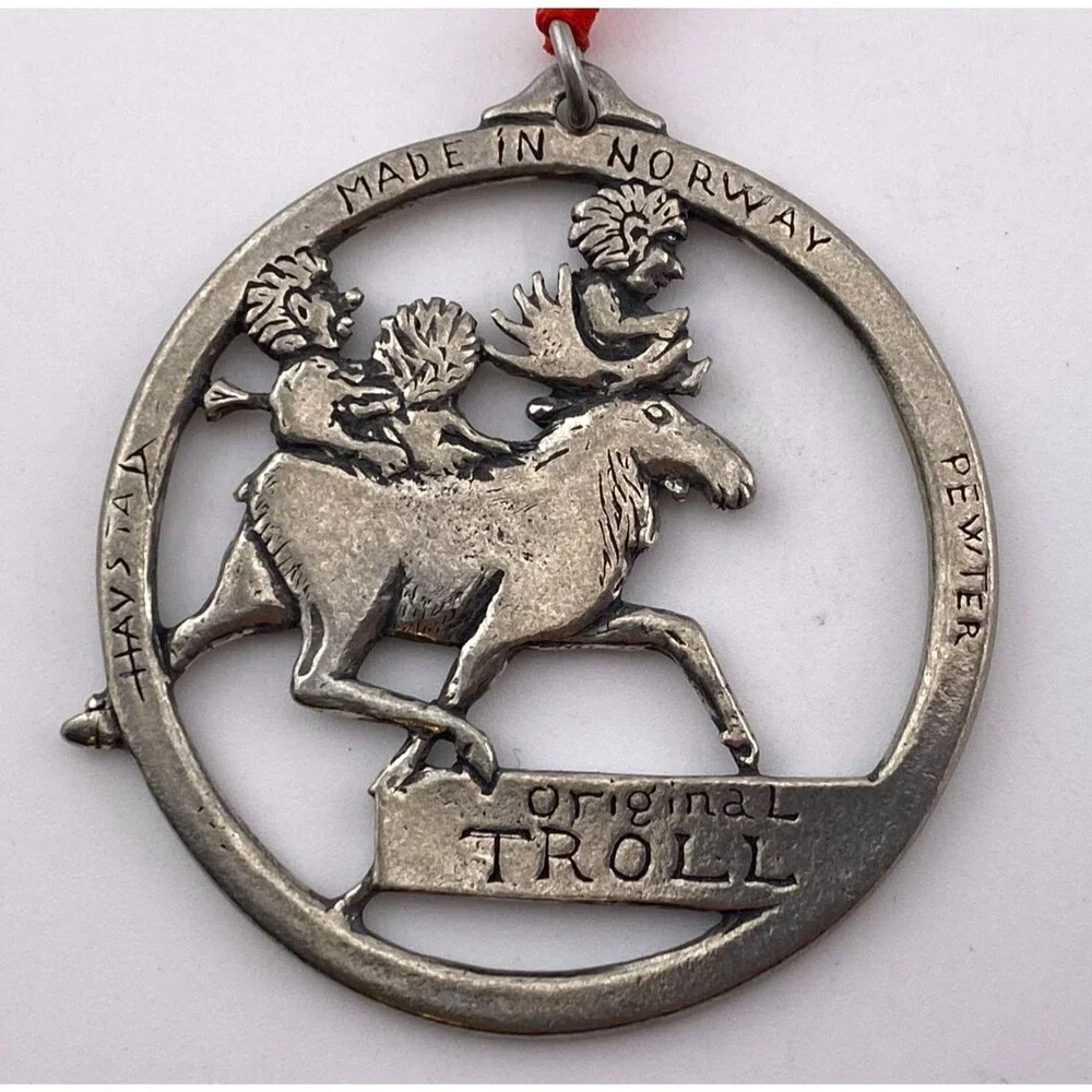 Vtg '97 Norge Havstad Signed Pewter Ornament Norway Moose Troll Christmas Holida